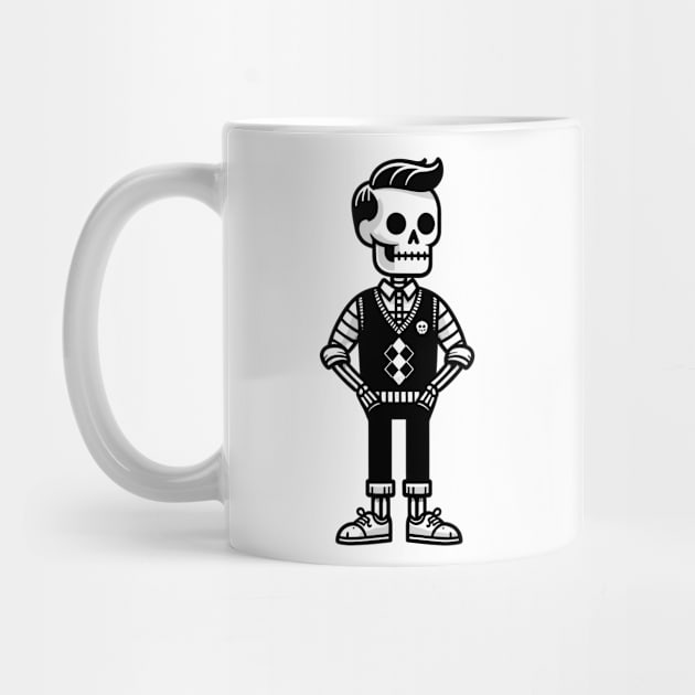 Minimalist Preppy Skeleton - Black and White Cartoon by Quirk Print Studios 